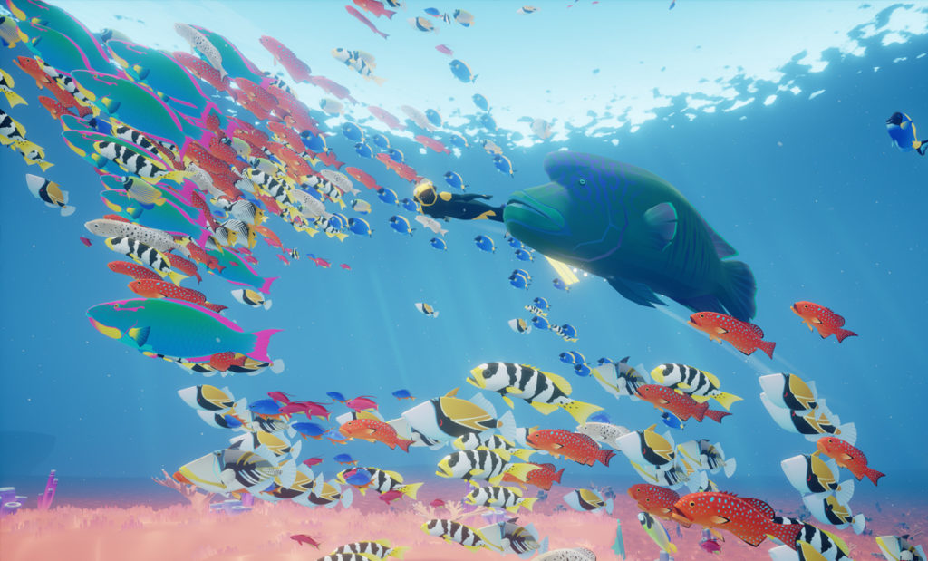 ABZU: protagonist swiming with a swarm of fish