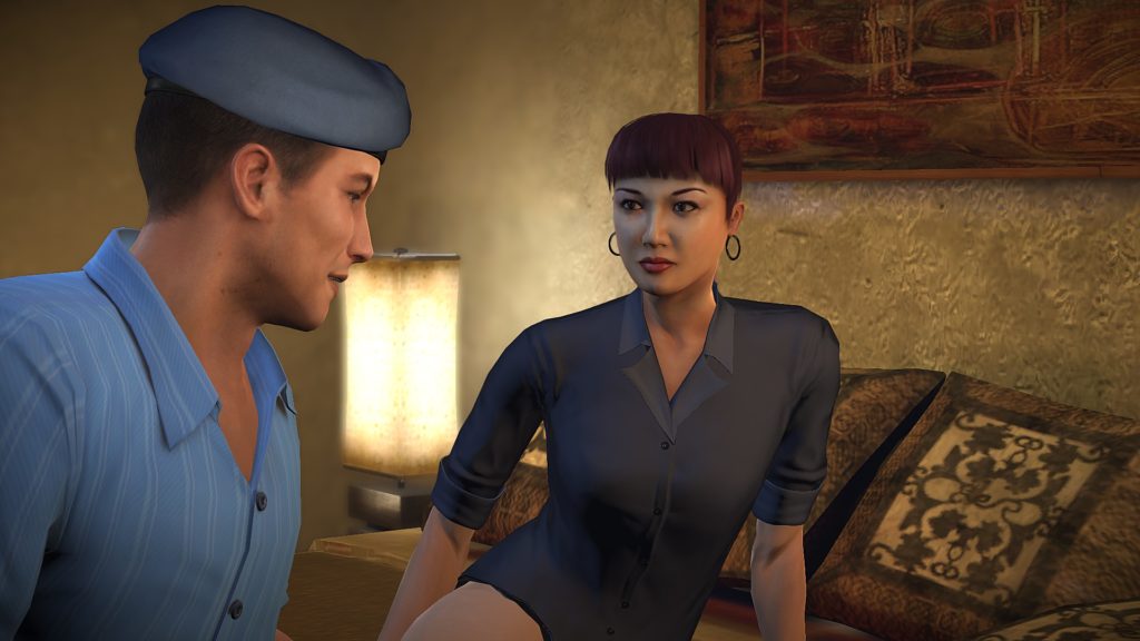 Alpha Protocol: Michael Thornton wearing a blue beret in bed with Mina