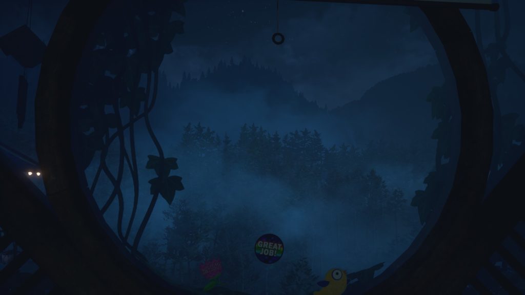 What Remains of Edith Finch: a view through a round window into a dark forest