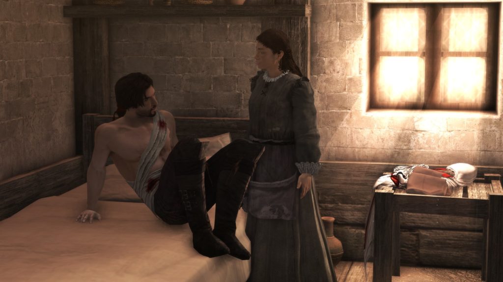 Assassin's Creed Brotherhood: a wounded man in a bed talking to a woman