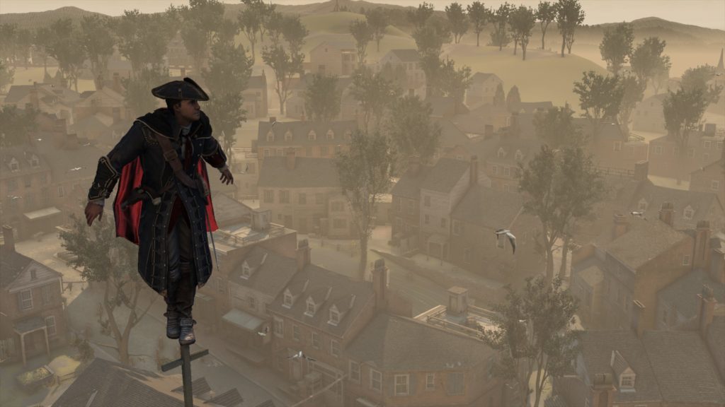 Assassin's Creed III: a man standing on the tip of a church tower